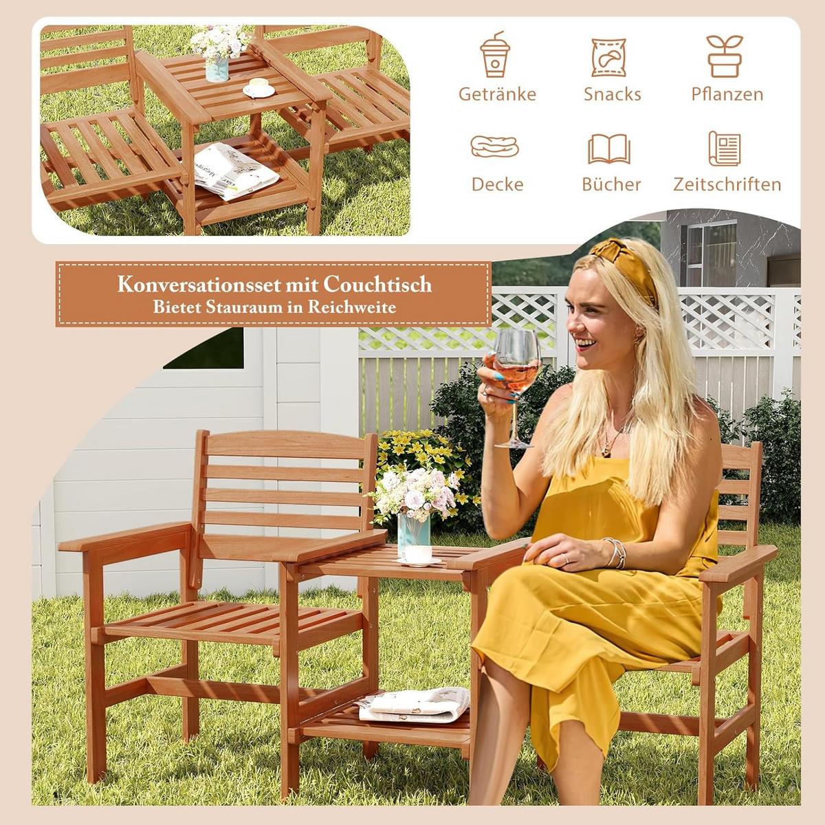 GARTENBANK Natur(3-teilig) - Naturfarben, Holz - COSTWAY