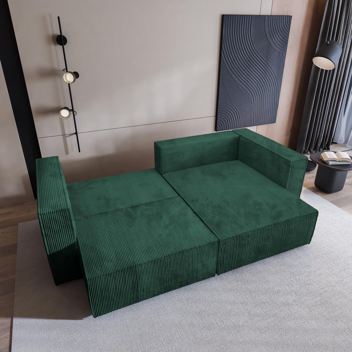 ECKSOFA NERIO P Grün Kordstoff mit Schlaffunktion - Grau/Grün, Holz/Kunststoff (245/148cm) - MASSENO