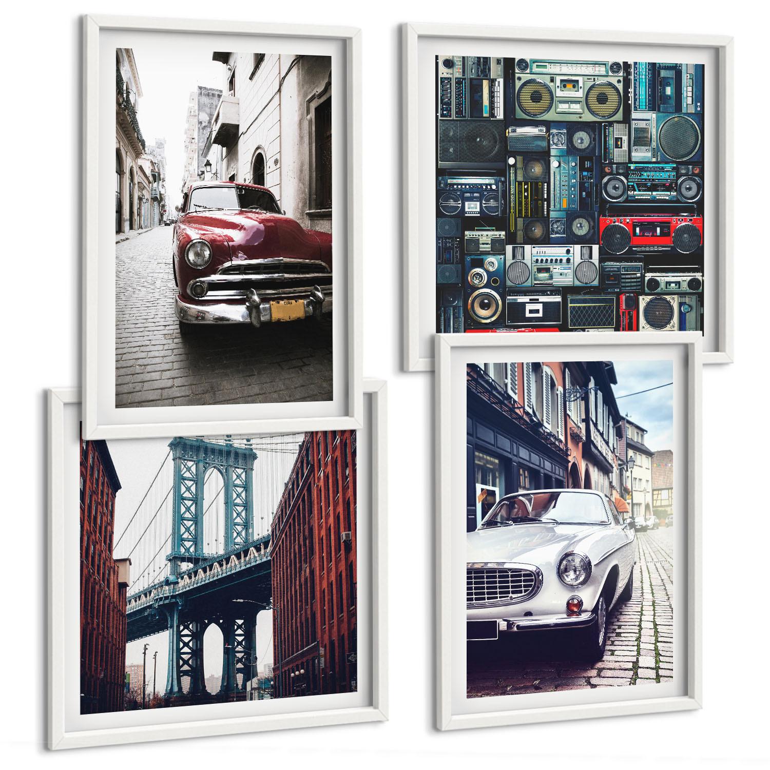 BILDER SET 4er Set - 50x50 cm & 40x60 cm Weißer Rahmen - Old Cars Brooklyn Retro-Audio - Weiß, Kunststoff (50/50cm) - TULUP