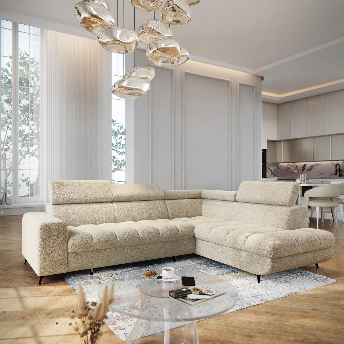 ECKSOFA MORIVA Q R-S Creme Boucle-Stoff mit Schlaffunktion - Creme, Holzwerkstoff/Textil (253/190cm) - MASSENO