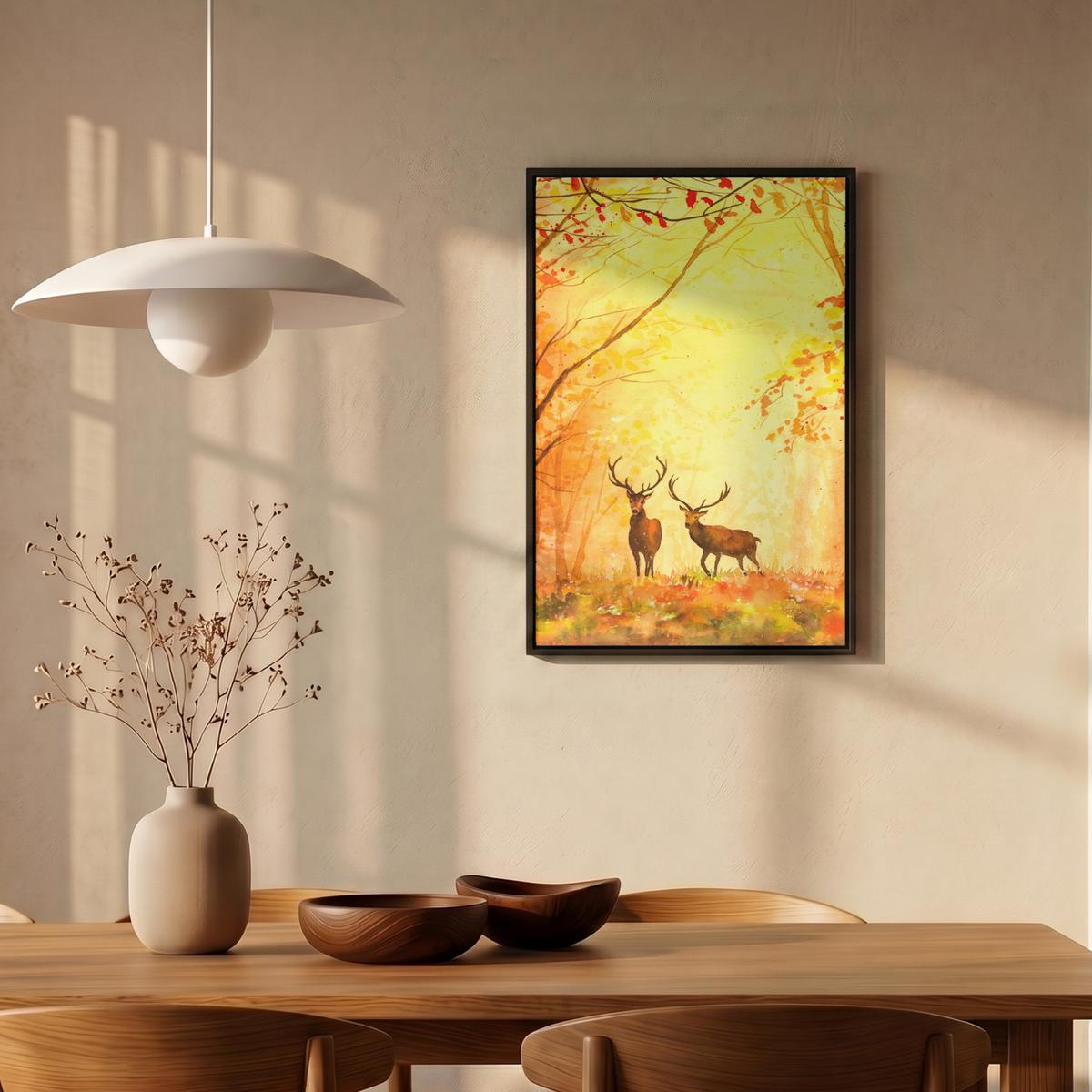 LEINWAND Bilder mit Rahmen - Natur - Ölfarbe - Hirsche - Tiere - Herbst - Orange - 40x60 - Orange, Textil (40/60cm) - MuchoWow