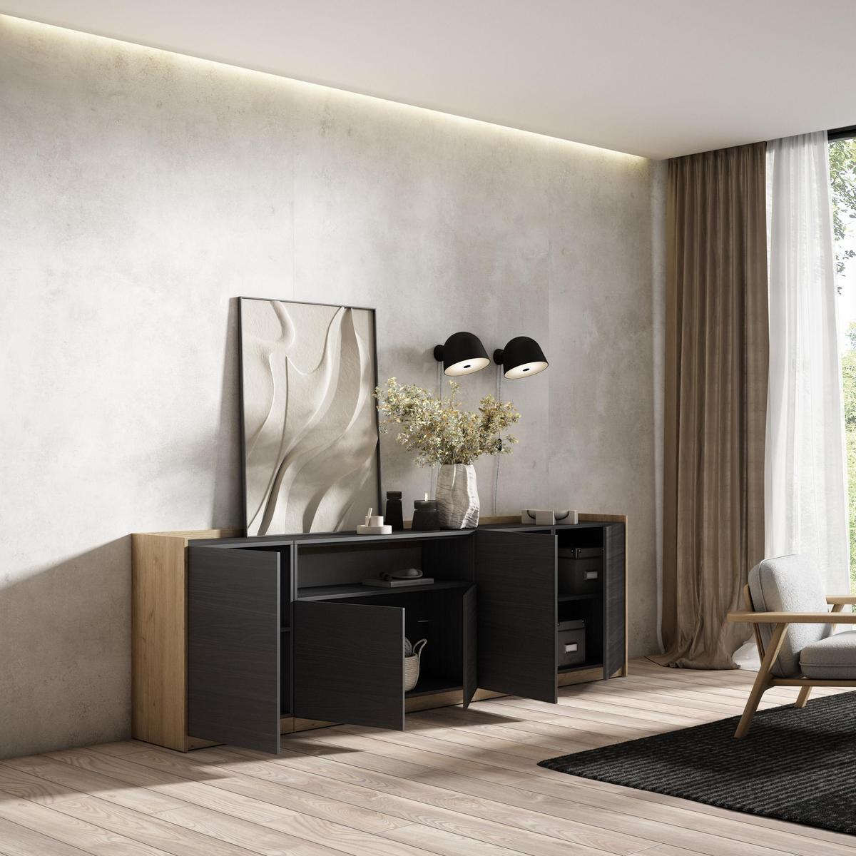 SIDEBOARD, Highboard, Schwarz Eiche, 260/37/80cm - Schwarz, Holzwerkstoff (260/80/37cm) - Skraut Home