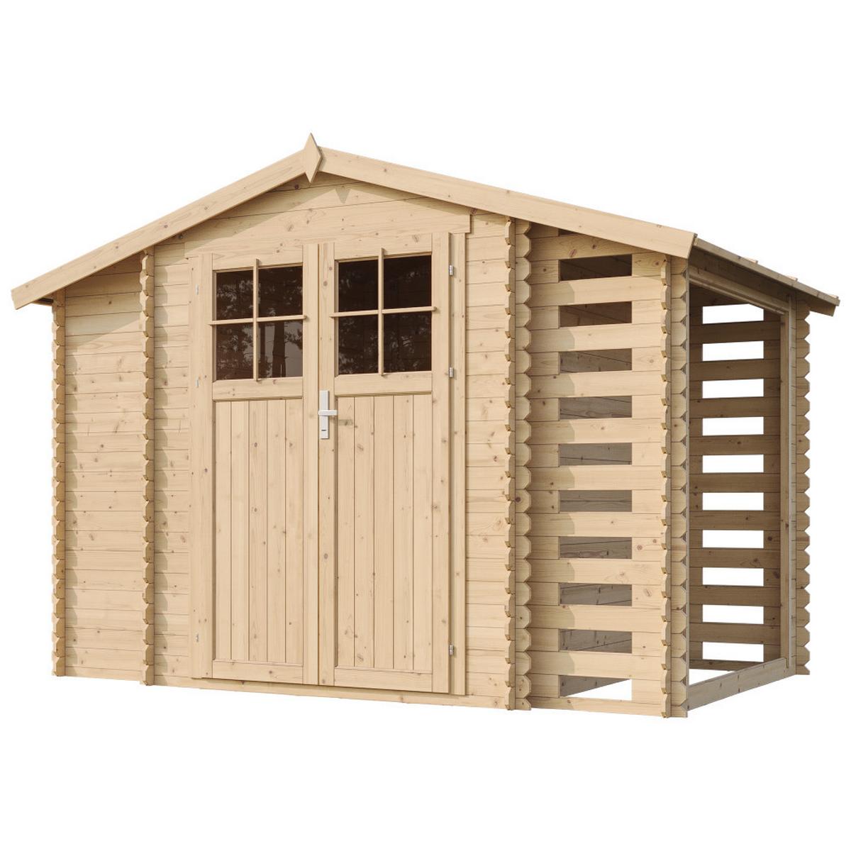 HOLZHAUS GARTENHAUS mit Brennholzschuppen M389F+M389G - mit imprägniertem Boden- 3,53 + 0,97 + 0,97 m2 - Beige, Holz (312/218/206cm) - Timbela