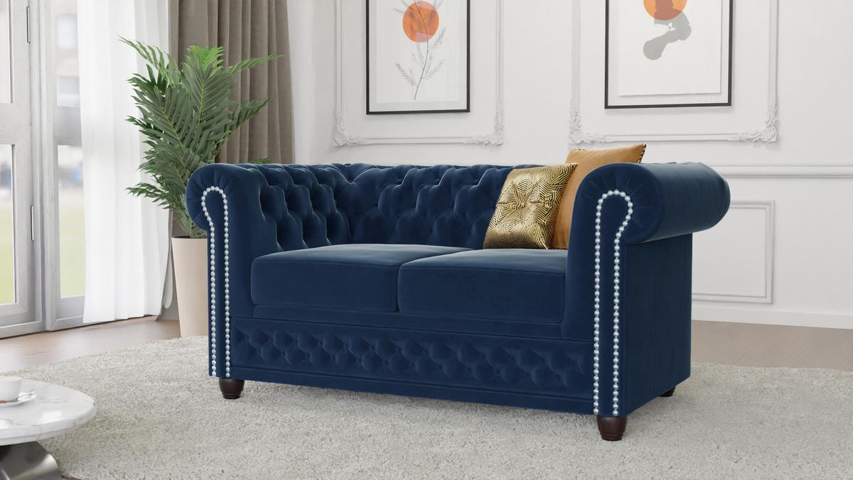 CHESTERFIELD-SOFA 2-sitzer mit Schlaffunktion Nyx Marineblau Samt - Dunkelblau/Braun, Holz/Textil (148/72/86cm) - S-Style Möbel