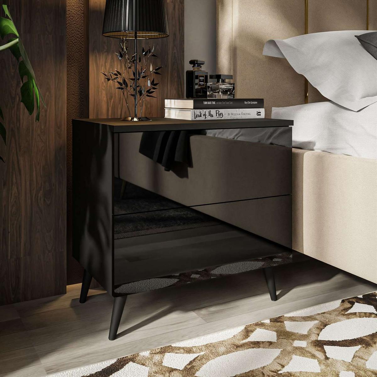 NACHTTISCH AURA PUSH OPEN mit schwarzen Beinen - Schwarz, Holzwerkstoff (55/54/37cm) - Lookway