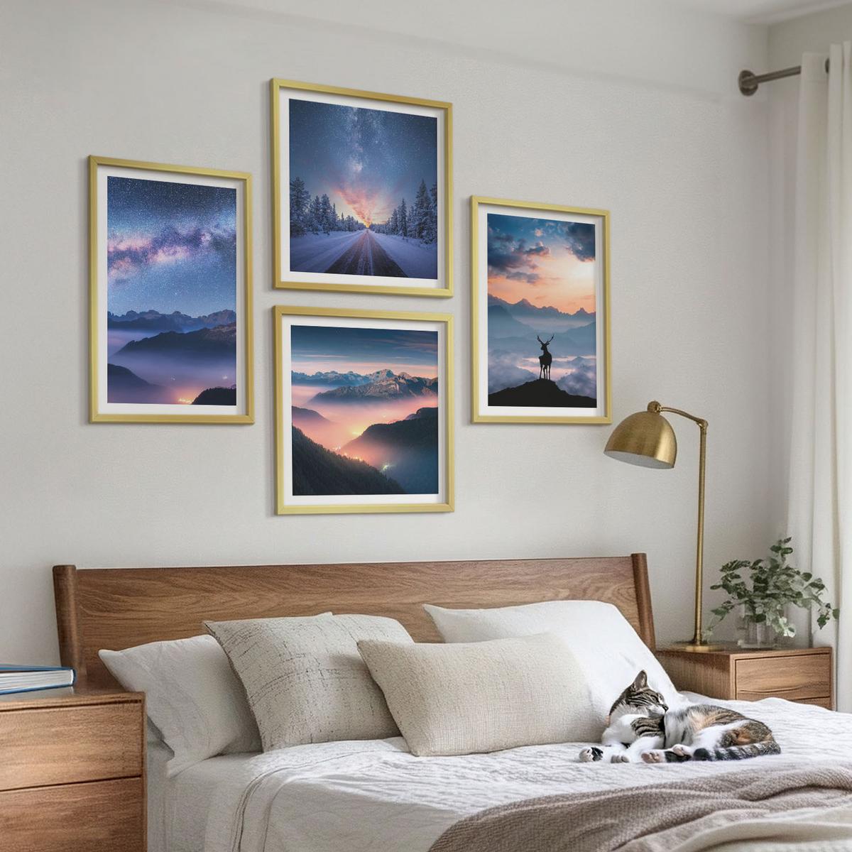 BILDER SET 4er Set - 50x50 cm & 40x60 cm Goldrahmen - Nachthimmel Berge Nebel Hirsch - Goldfarben, Kunststoff (50/50cm) - TULUP