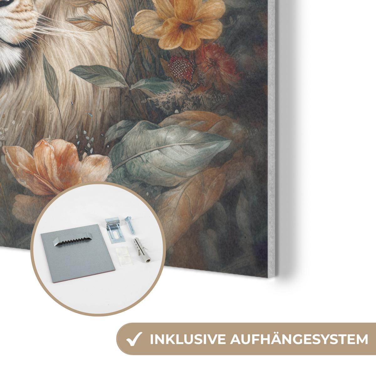AKUSTIKBILD Löwe - Wildtiere - Pflanzen - Natur - Blumen Wandbilder 60x60 cm - Beige, Kunststoff (60/60/0.9cm) - MuchoWow