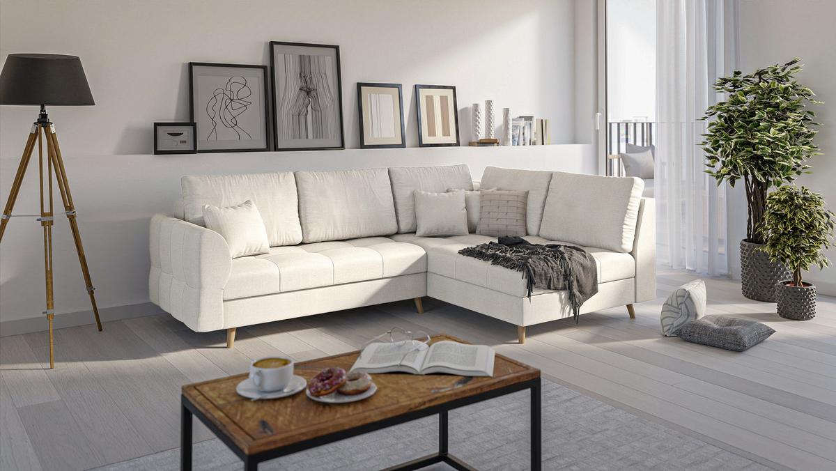 ECKSOFA MIT HOCKER Lorine Mikrofaser Ecru - Ecru/Hellbraun, Buchenholz/Textil (231/161cm) - S-Style Möbel