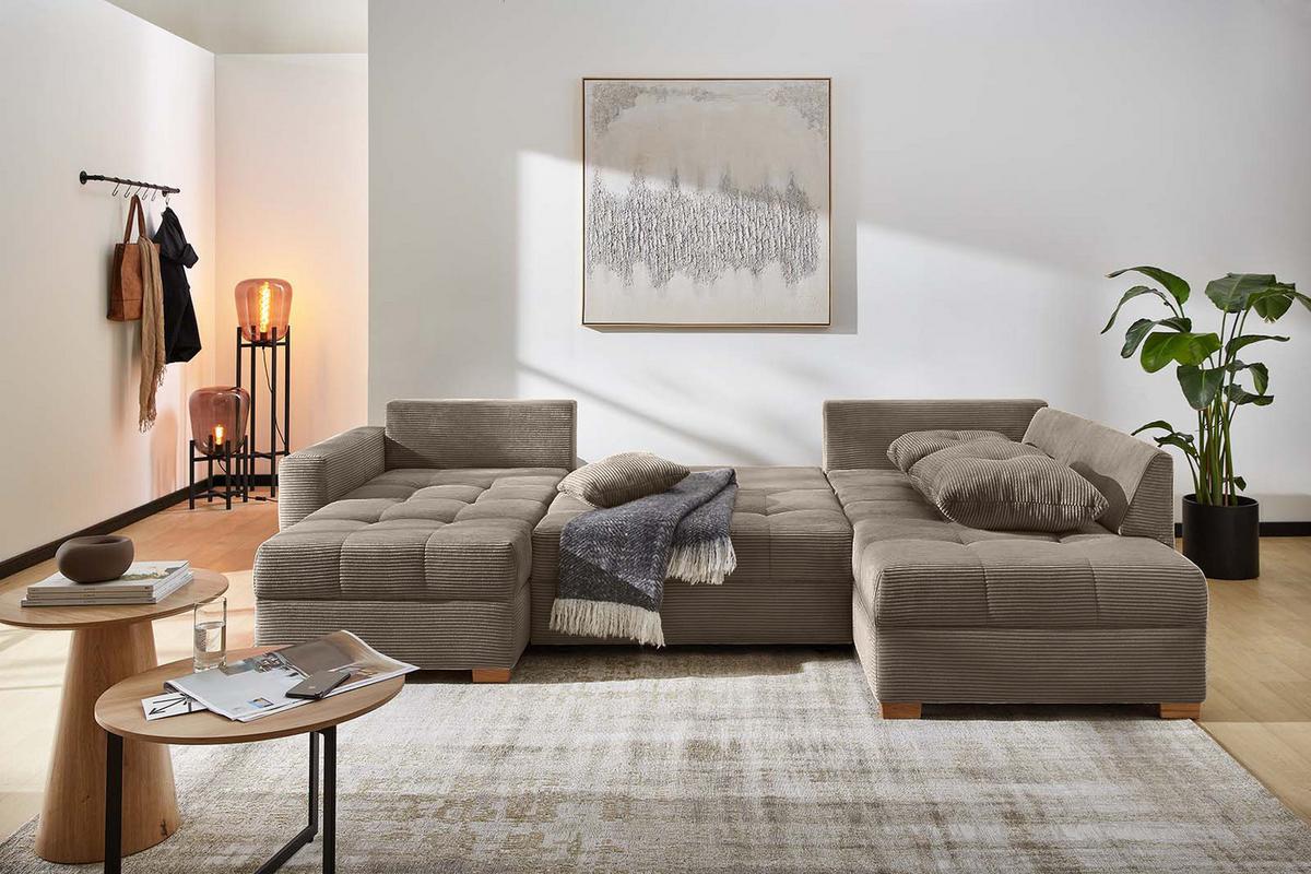 WOHNLANDSCHAFT mit Schlaffunktion und Bettkasten, spiegelverkehrt montierbar U-Form B313/T200/H92 cm, Cord Braun Taupe / 15219 - Eichefarben/Braun, Holz/Textil (313/92/200cm) - luma-home