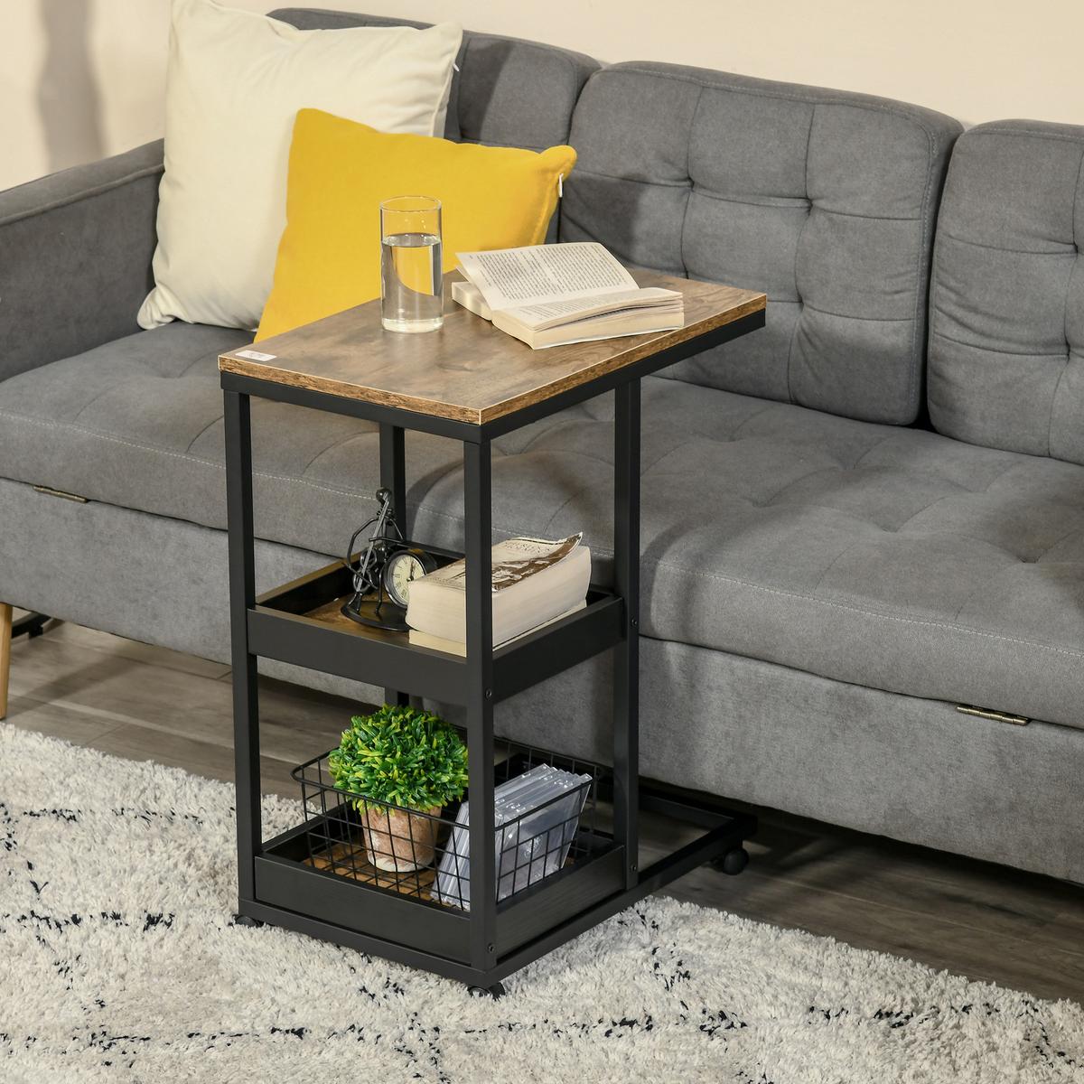 BEISTELLTISCH, Couchtisch mit Rollen, Ablage, im Industrie-Stil, 51 x 33 x 66 cm - Braun, Metall (51/33/66cm) - HOMCOM