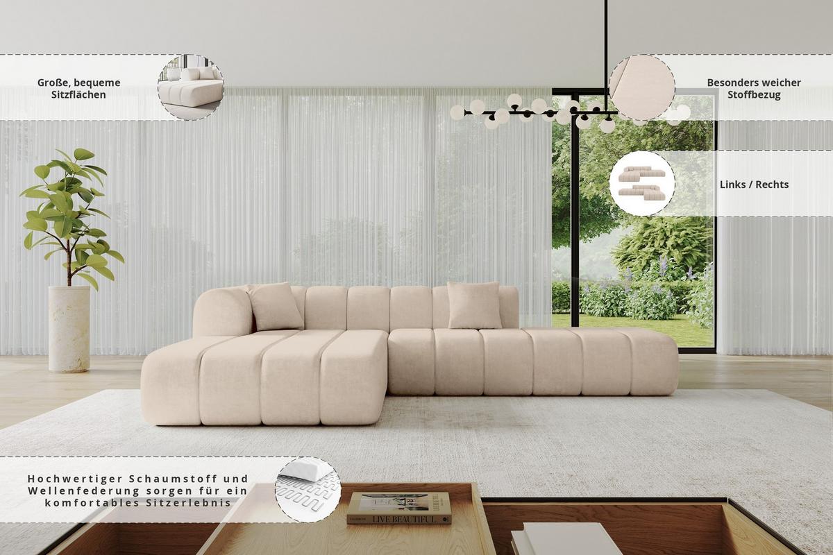 ECKSOFA Ottomane Links BILA-L 289x176x71 Beige Samt - Beige/Schwarz, Holzwerkstoff/Kunststoff (176/289cm) - ALTDECOR