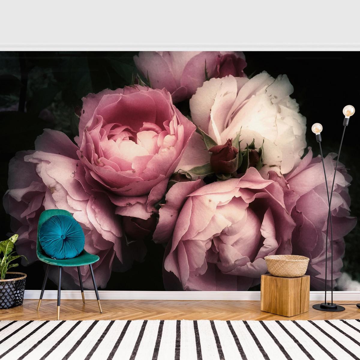 FOTOTAPETE Pfingstrosen vor Schwarz Shabby 336/225 cm - Rosa, Papier (336/225cm) - Bilderwelten