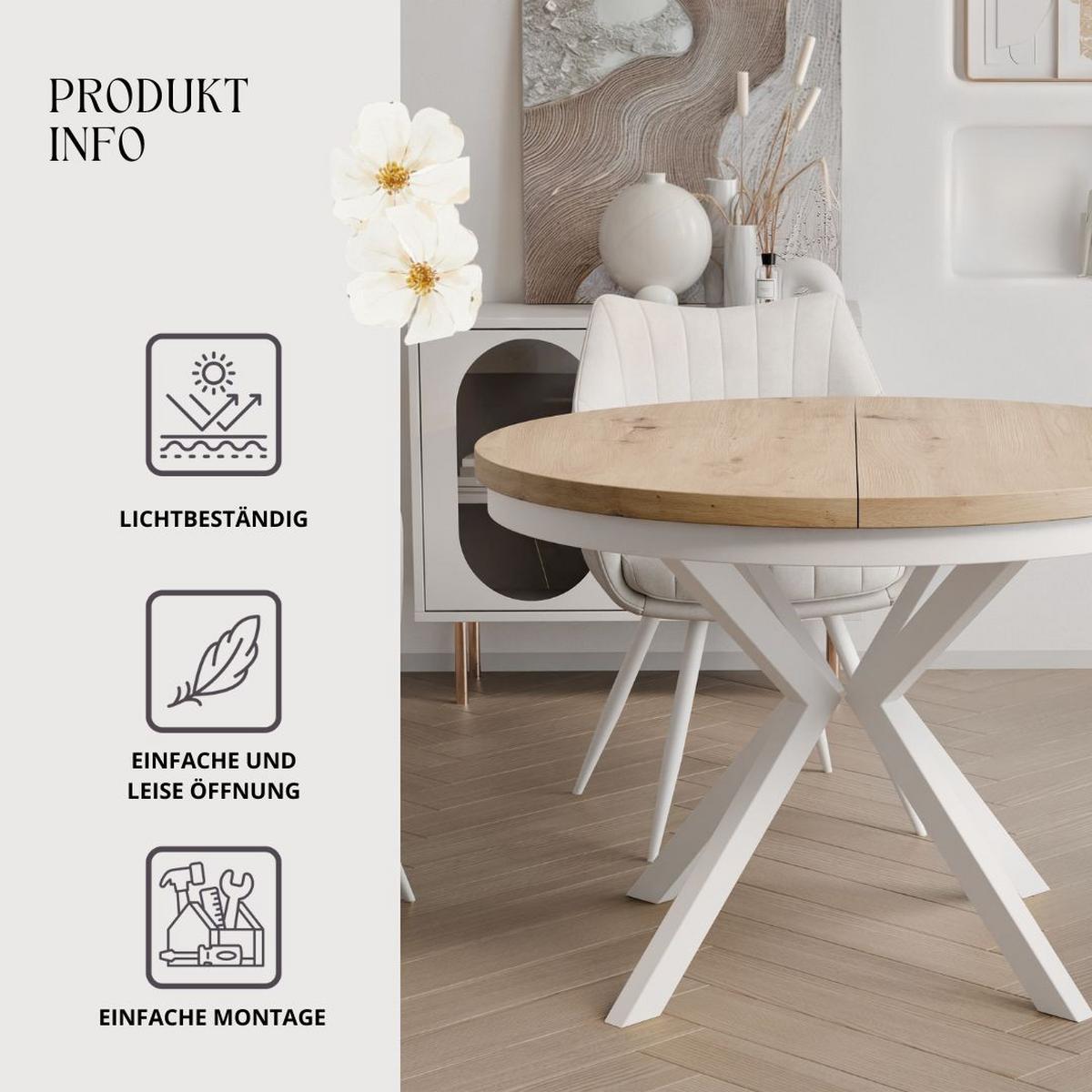 AUSZIEHTISCH MILTON 90-166/76 cm mit Metallgestell und Zarge, Weiß / Artisan-Eiche - Eiche Artisan/Weiß, Holzwerkstoff/Metall (90/90/76cm) - Idohome