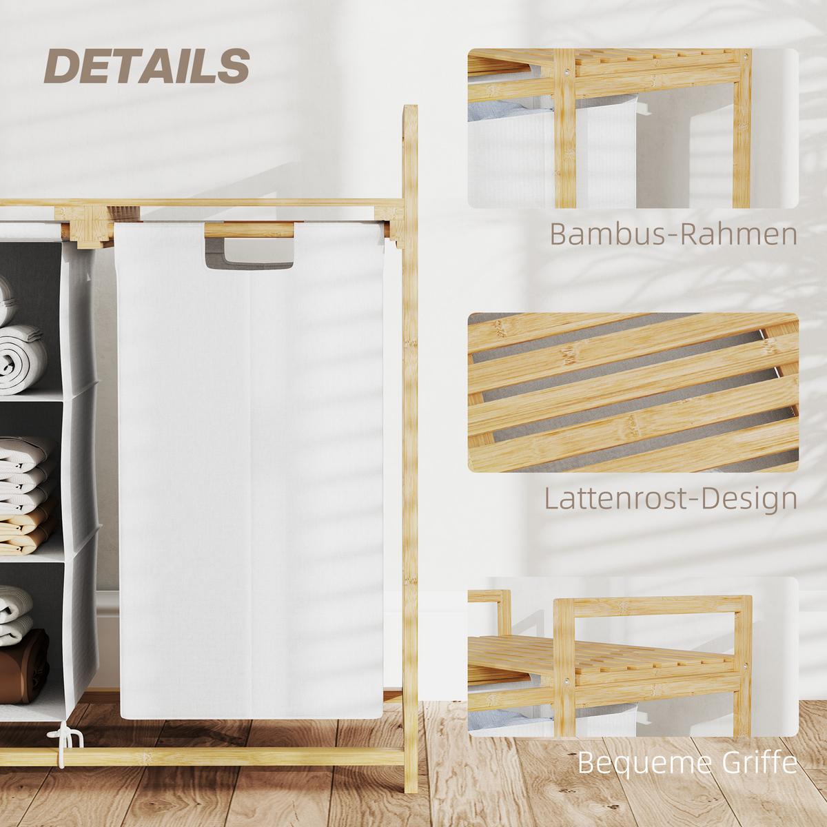 WÄSCHEKORB 4 Fächer Wäschesammler mit 2 ausziehbaren Wäschesäcken Weiß - Weiß/Naturfarben, Naturmaterialien/Bambusholz (36/70/70cm) - HOMCOM