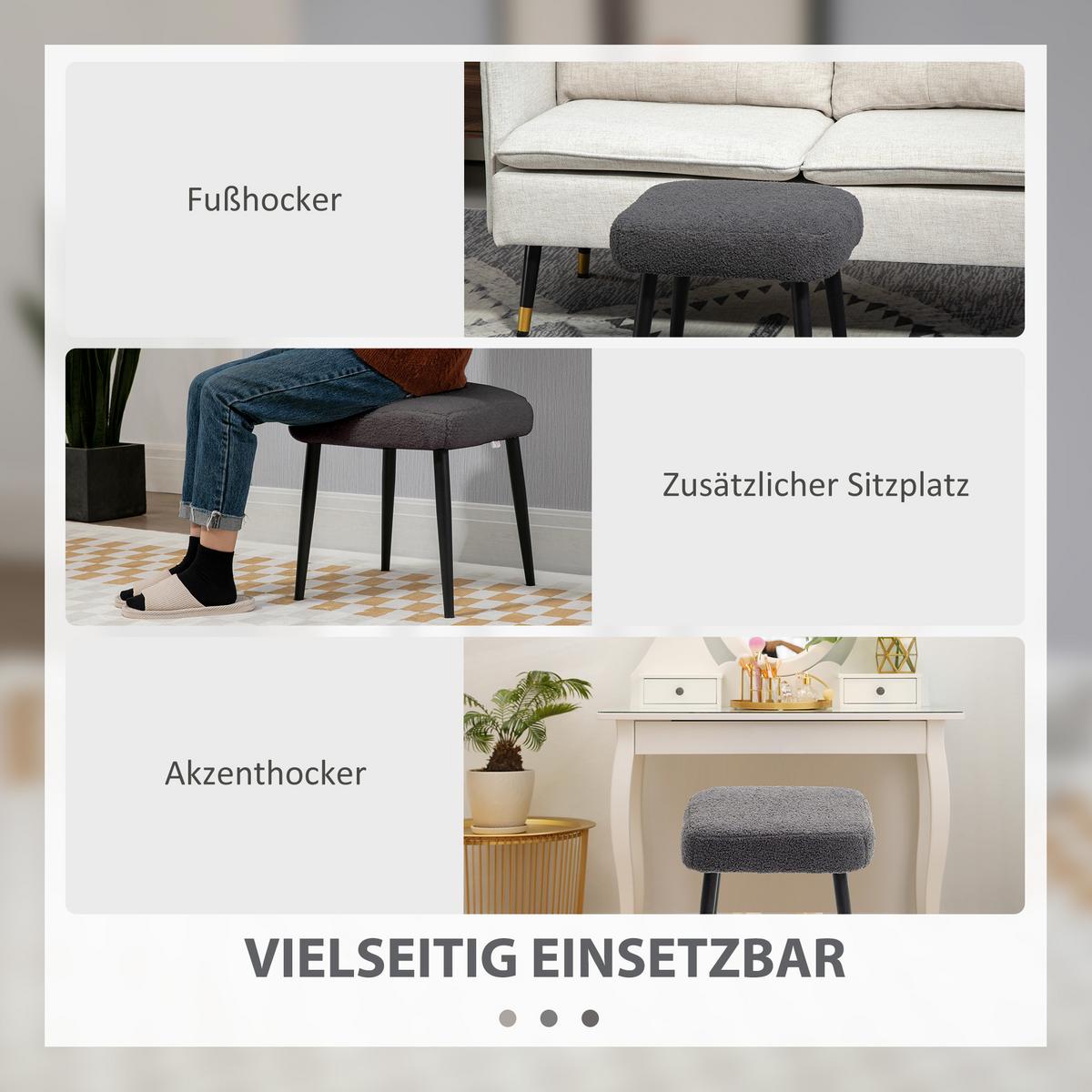 FUSSHOCKER Sitzhocker Quadratischer Schminkhocker mit Kaschmir-Optik, Stahlbeine - Dunkelgrau, Kunststoff (42/44/42cm) - HOMCOM