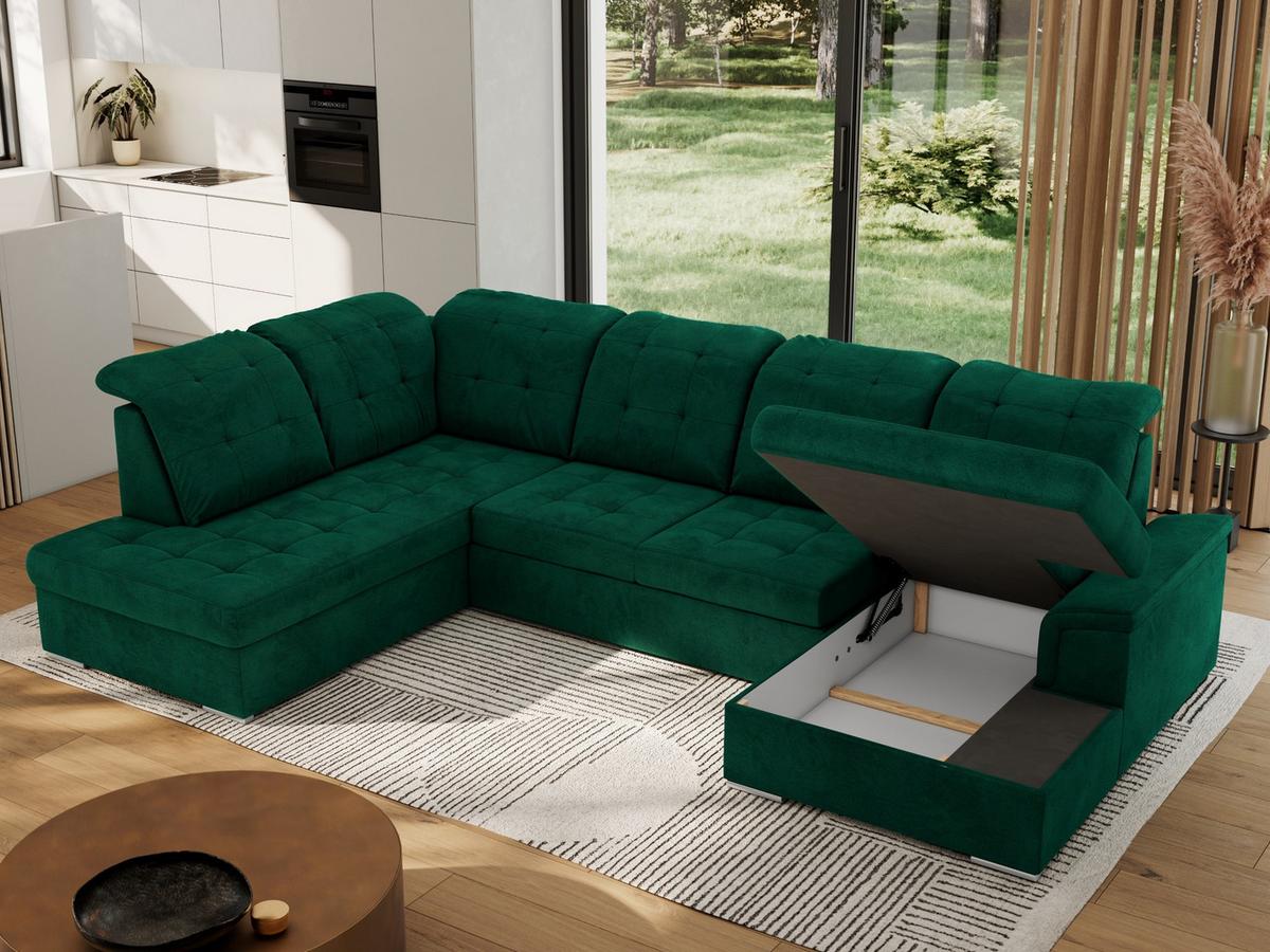 WOHNLANDSCHAFT MADRITO U - DunkelGrün Velorus - Links - Dunkelgrün/Silberfarben, Textil/Metall (204/89/323cm) - MKS