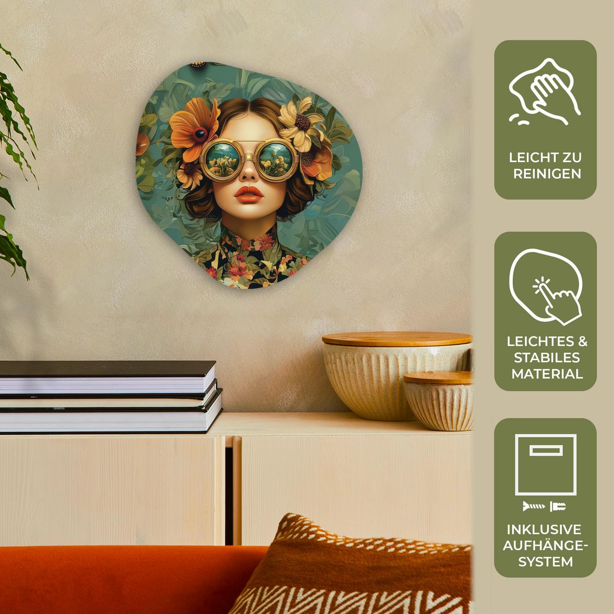 WANDBILD Frau - Blumen - Schmetterlinge - Natur - Vintage Wanddeko 40x40 cm - Petrol, Kunststoff (40/40cm) - MuchoWow