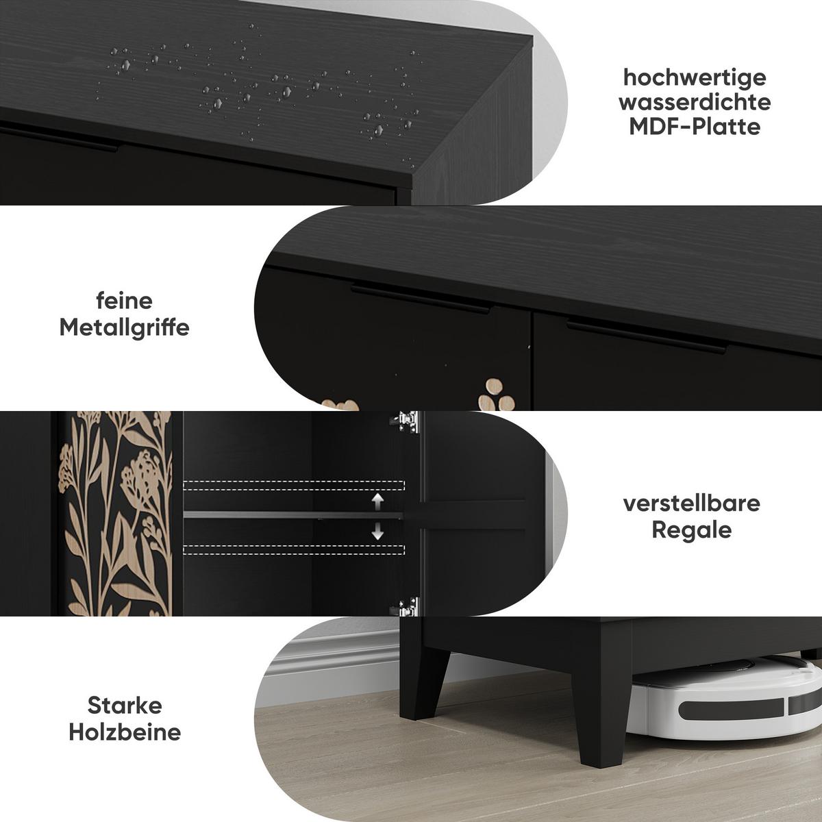 SIDEBOARD 80 cm Schwarz MDF mit 2 Türen, geschnitzter Front und verstellbaren Regalen - Schwarz, Holzwerkstoff (80/76/38cm) - Urban Meuble