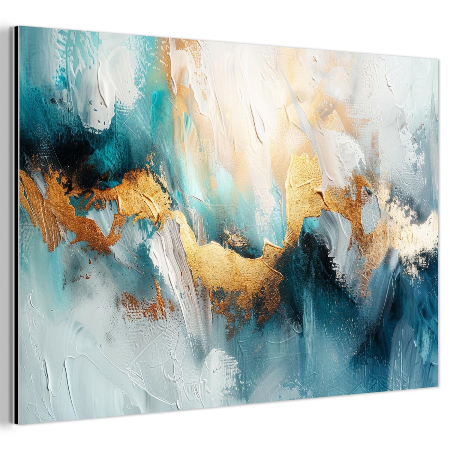 METALLBILD Abstrakt - Kunst - Gold - Blau Wanddeko 90x60 cm - Petrol, Metall (90/60cm) - MuchoWow