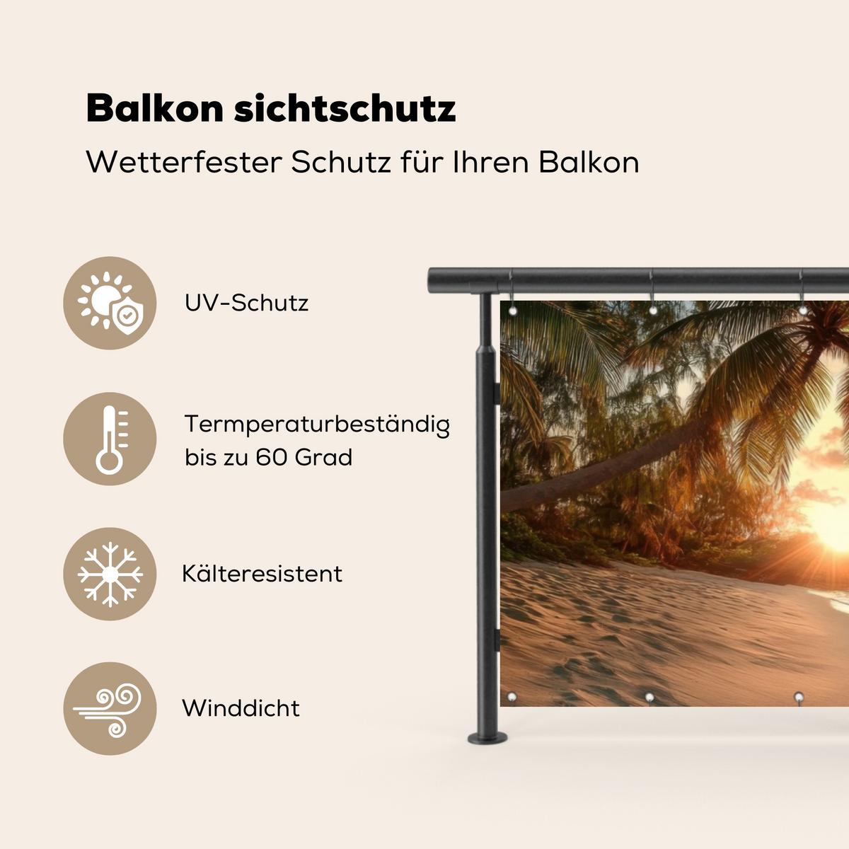 BALKON-SICHTSCHUTZ Strand - Palmen - Meer - Sonnenuntergang Windschutz 300x100 cm - Samtahornfarben, Kunststoff (300/100cm) - MuchoWow