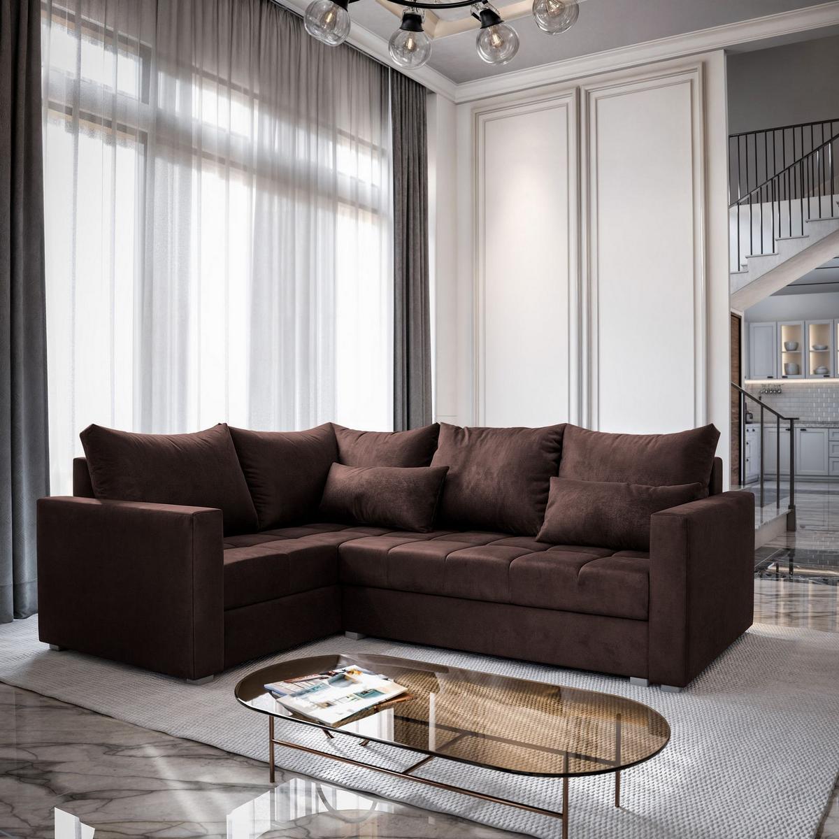 ECKSOFA LIRENO L-S Braun Plüsch-Stoff mit Schlaffunktion - Braun/Grau, Holz/Kunststoff (220/153cm) - MASSENO