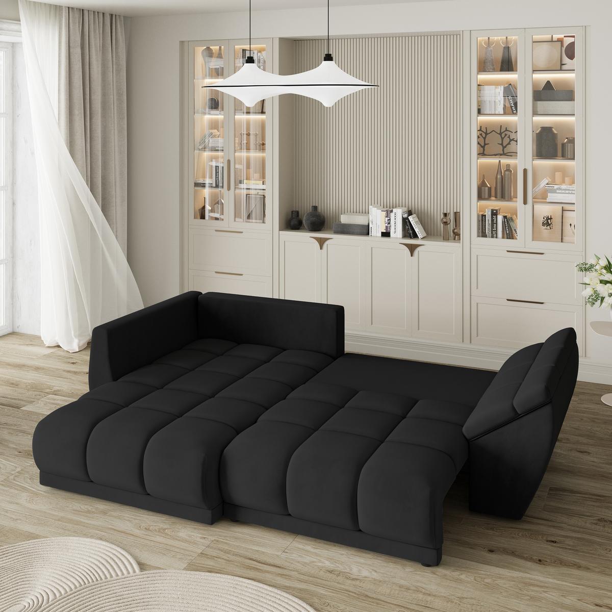 ECKSOFA ORENTI L-S Schwarz Velours-Stoff mit Schlaffunktion - Schwarz, Holz (287/182cm) - MASSENO