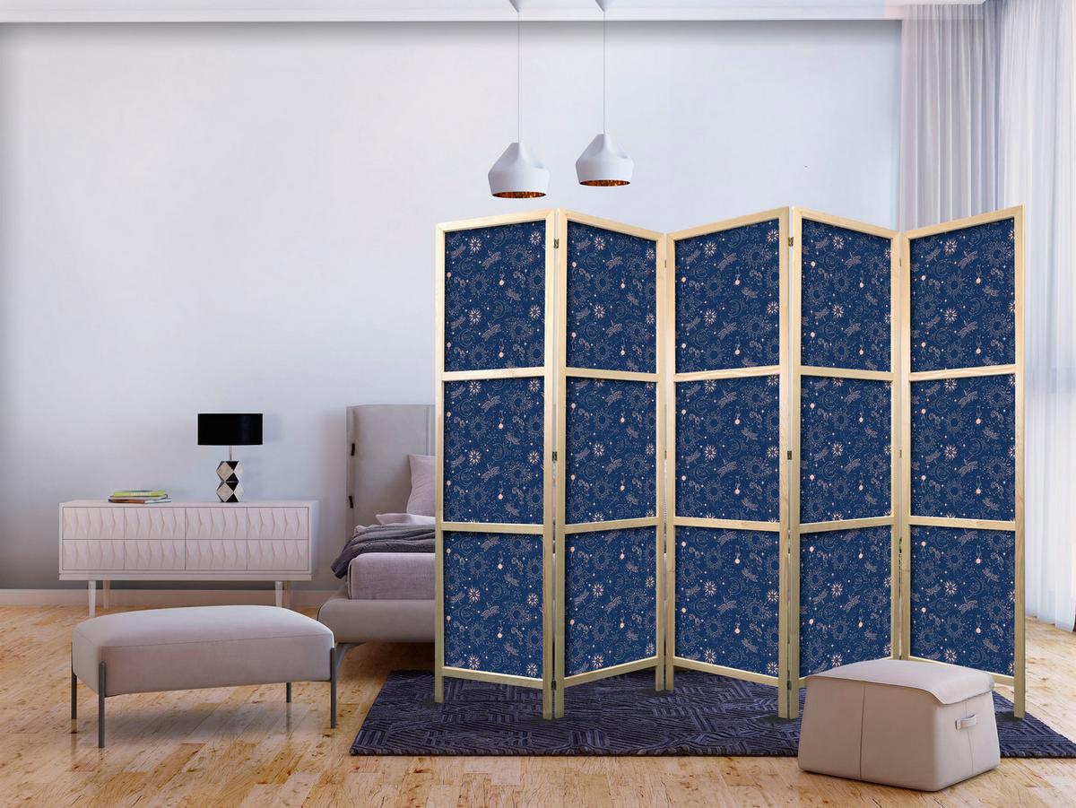 PARAVENT Japanischer 5-tlg 225x172 cm Kosmische Inspiration - Blau, Holz/Textil (225/172/3cm) - Muralo
