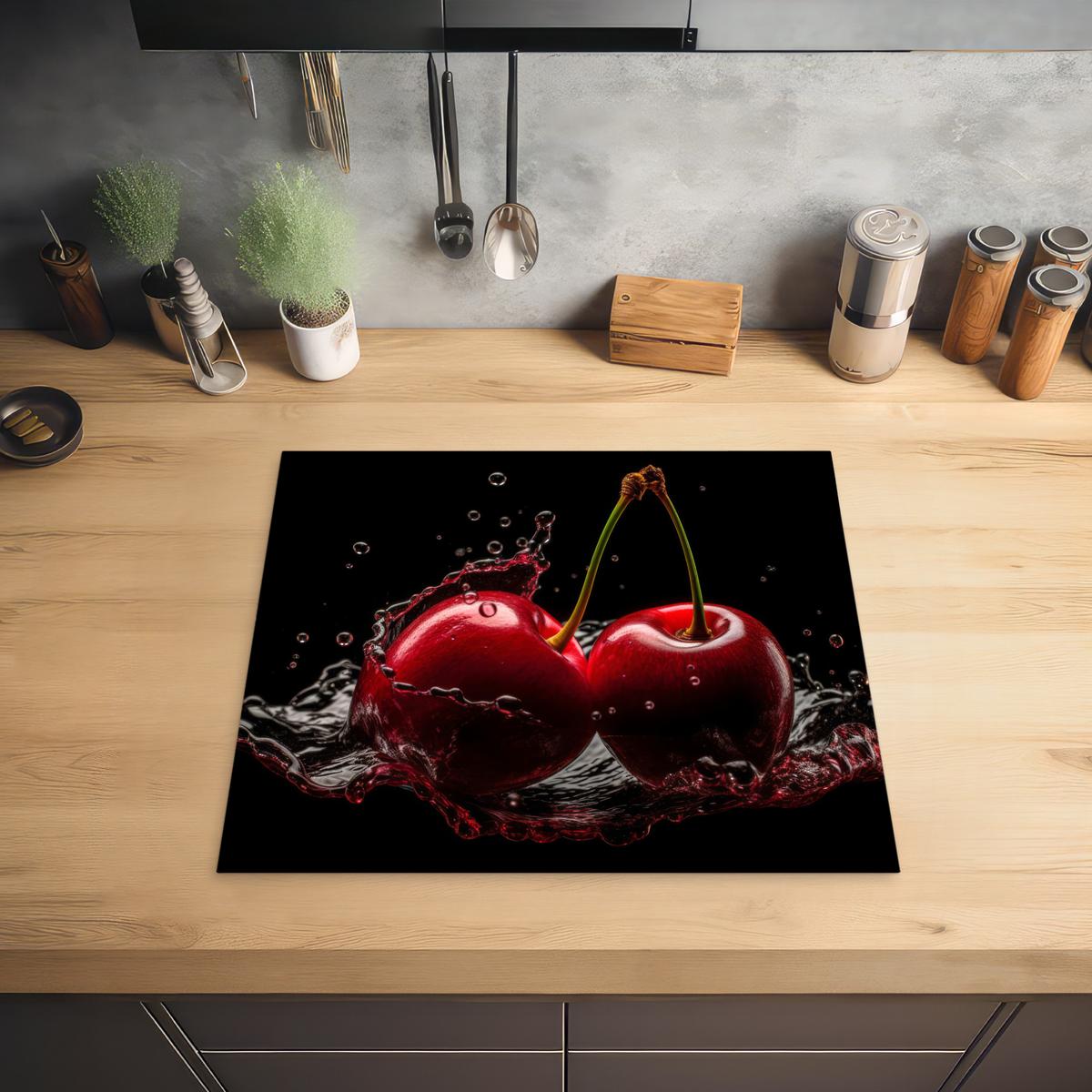 HERDABDECKPLATTE Kirsche - Rot - Frucht - Wasser - Schwarz Abdeckung Ceranfeld 57.6x51.6 cm - Kirschrot, Kunststoff (57.6/51.6/0.2cm) - MuchoWow