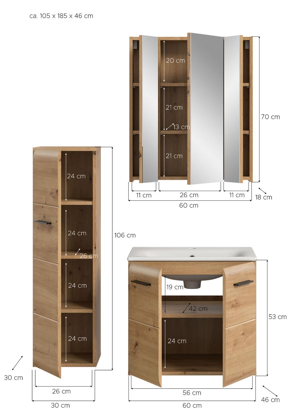 BADMÖBEL-SET 3-teilig in Artisan Eiche, Badkombination mit Waschbecken, 105 x 185 cm, Cover - Schwarz/Eiche Artisan, Glas/Keramik (105/185/30cm) - Inn.Furn