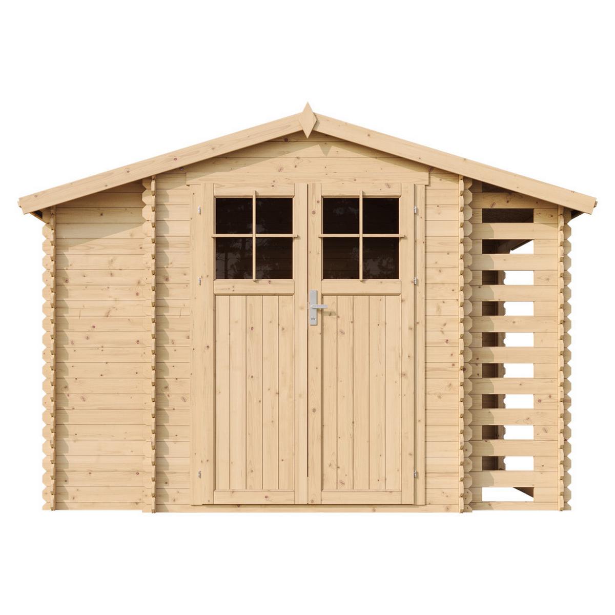 HOLZHAUS GARTENHAUS mit Brennholzschuppen M389F+M389G - mit imprägniertem Boden- 3,53 + 0,97 + 0,97 m2 - Beige, Holz (312/218/206cm) - Timbela