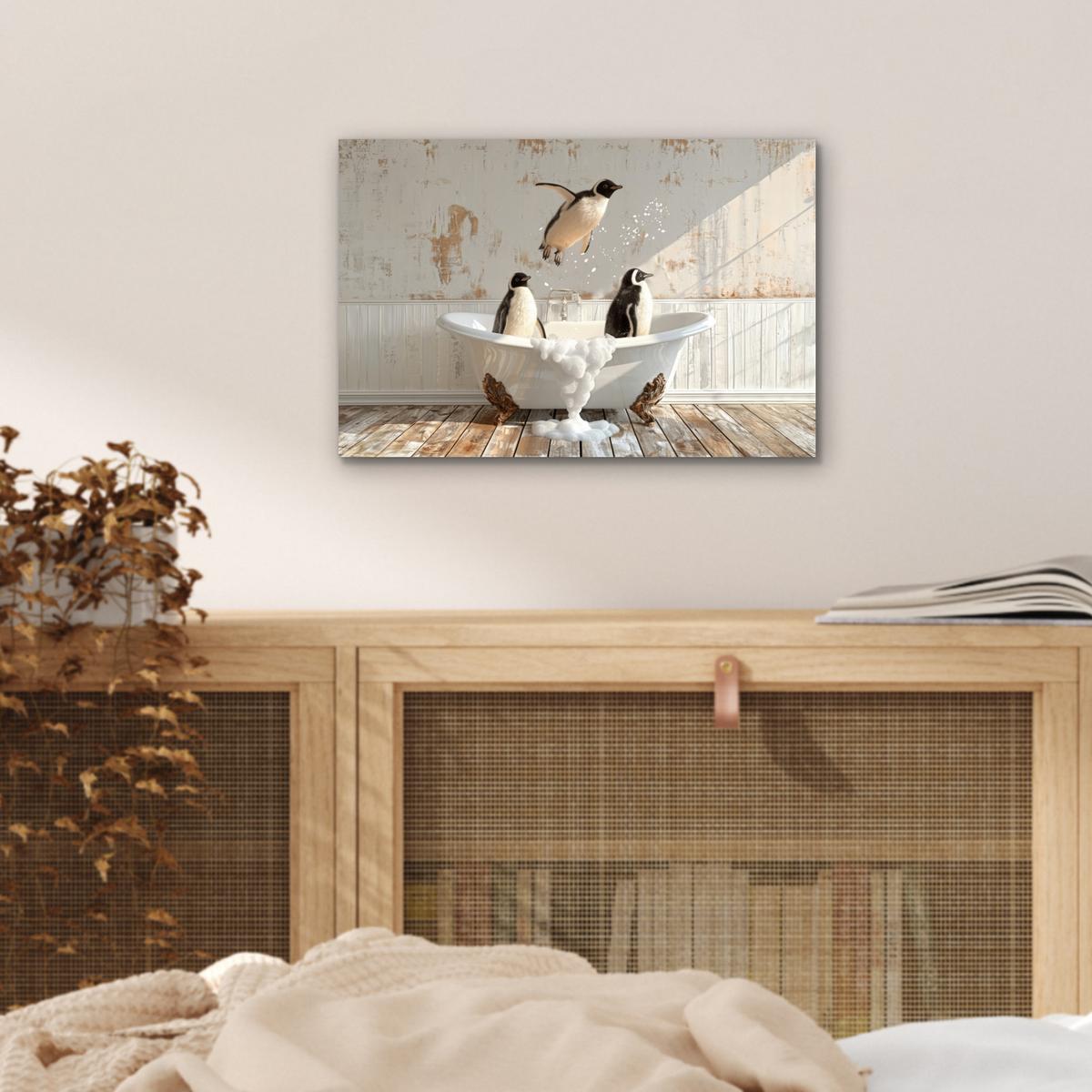 METALLBILD Vintage - Pinguin - Badewanne - Schaumstoff 30x20 cm - Schwarz, Metall (30/20cm) - MuchoWow