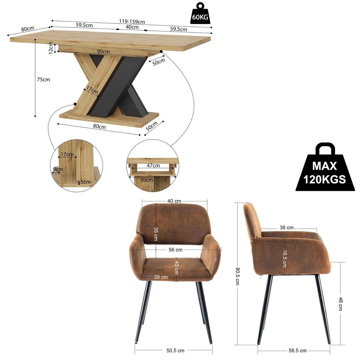 ESSTISCH-SET 1+6, ausziehbarer Tisch mit 6 Esszimmerstühlen - Eichefarben/Schwarz, Holzwerkstoff (119/75/80cm) - Urban Meuble