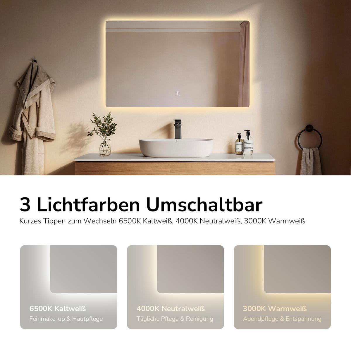 BADSPIEGEL LED abgerundet 3 Farbtemperaturen Touch-Schalter 100/60 cm - Transparent, Glas (100/60/3cm) - EMKE