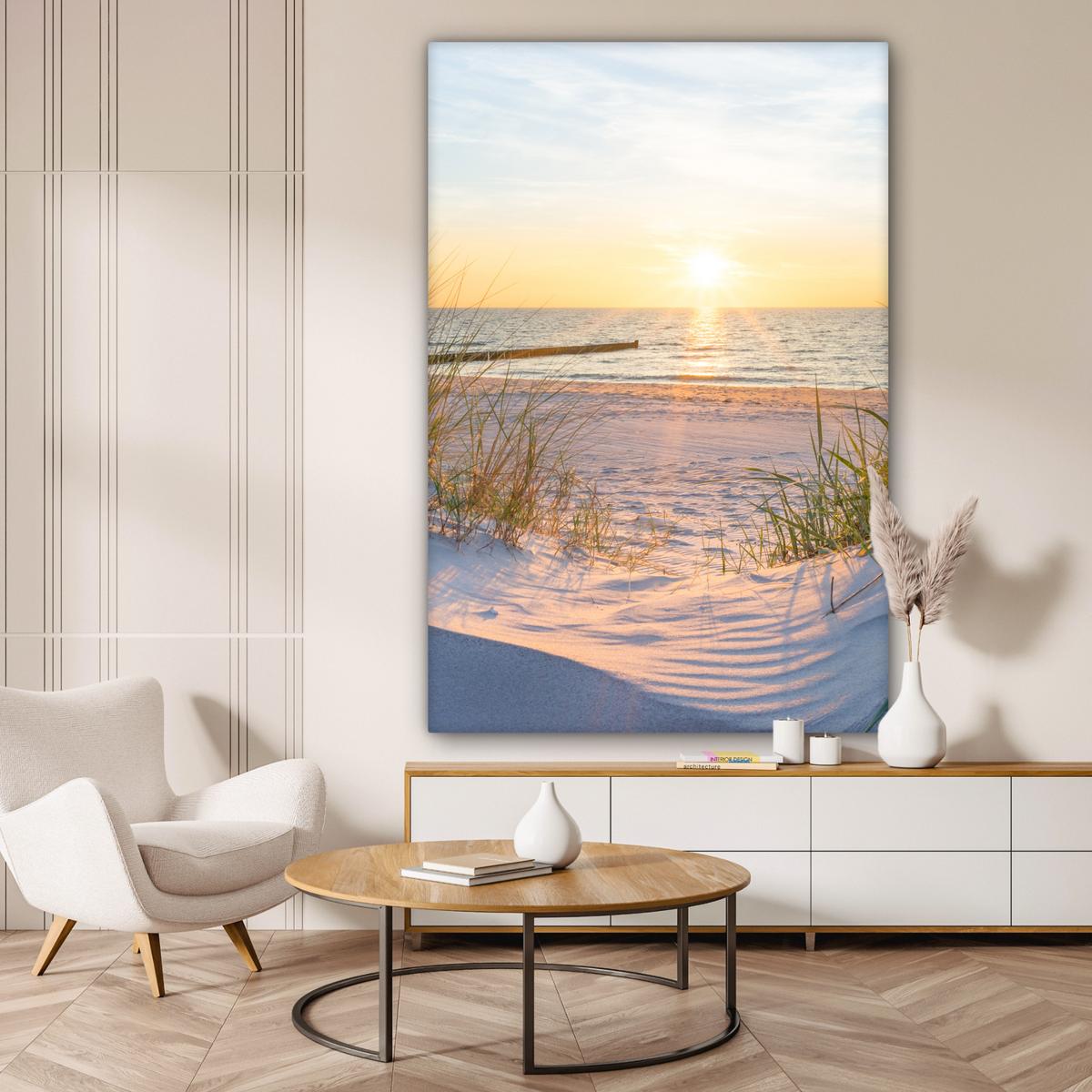 LEINWANDBILD Strand - Sonne - Düne - Gras - Sand - Horizont Deko Groß 90x140 cm - Hellblau, Textil (90/140cm) - MuchoWow