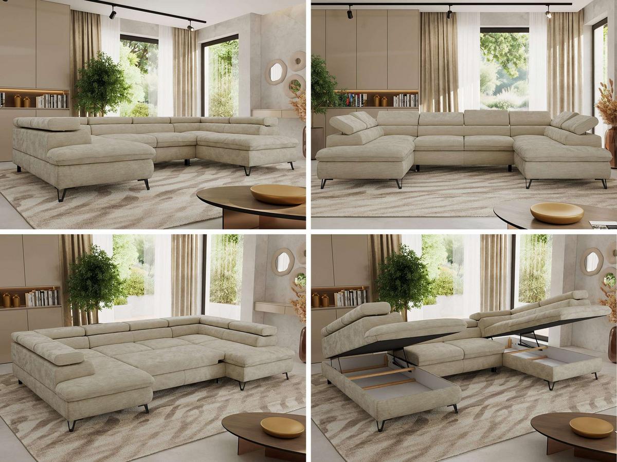 WOHNLANDSCHAFT PABLO U Schenille glatt Beige - Beige/Schwarz, Textil/Metall (346/76/208cm) - MKS