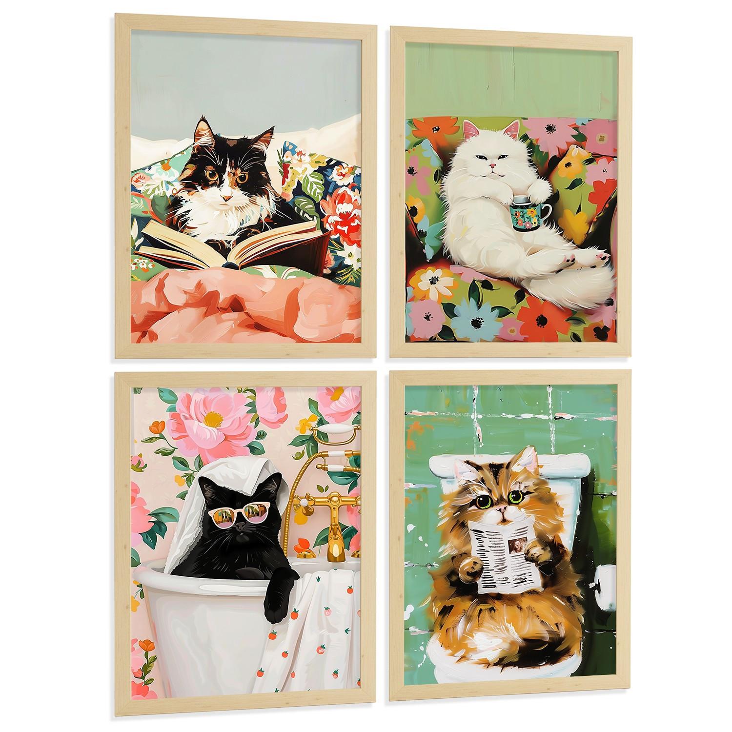 POSTER 4er Kunstdruck-Set Wandbilder Katzen modern Wohnzimmer Deko, Schlafzimmer, Küche, Badezimmer Rahmenlos A3 - Beige, Papier (29.7/1/42cm) - Nacnic
