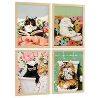 POSTER 4er Kunstdruck-Set Wandbilder Katzen modern Wohnzimmer Deko, Schlafzimmer, Küche, Badezimmer Rahmenlos A3 - Beige, Papier (29.7/1/42cm) - Nacnic