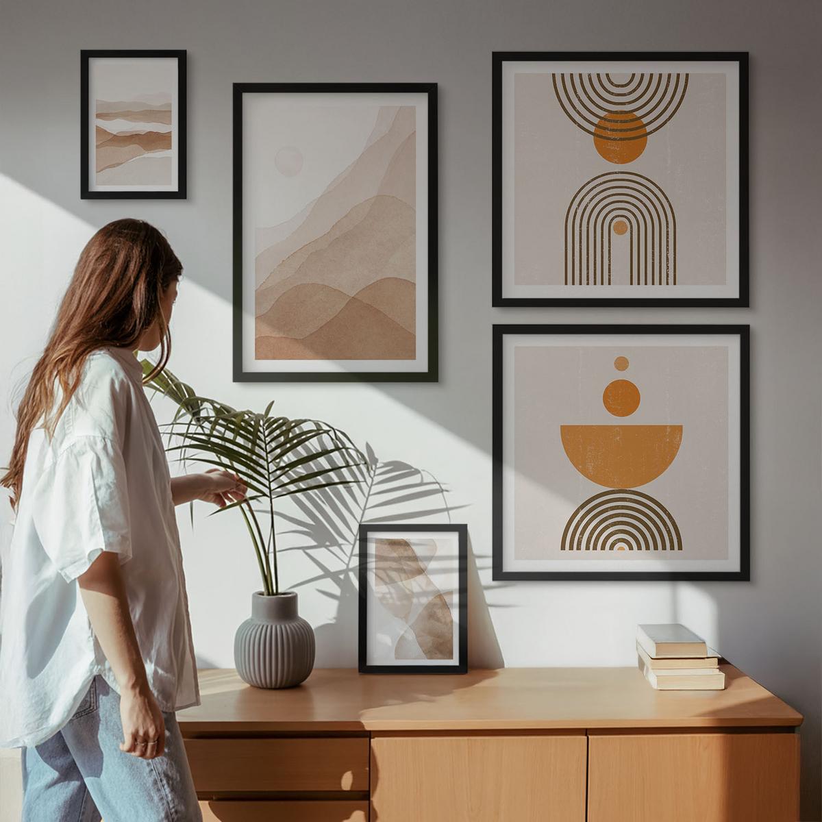 BILDER SET 5er Set - 50x50 cm & 20x30 cm & 40x60 cm Schwarzer Rahmen - Strukturen schattieren Minimalismus - Schwarz, Kunststoff (40/60cm) - TULUP