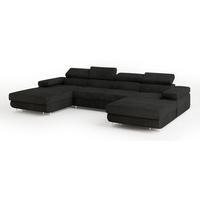 WOHNLANDSCHAFT LYKKE Schwarz Velours-Stoff mit Schlaffunktion - Schwarz, Holz (353/90/202cm) - MASSENO