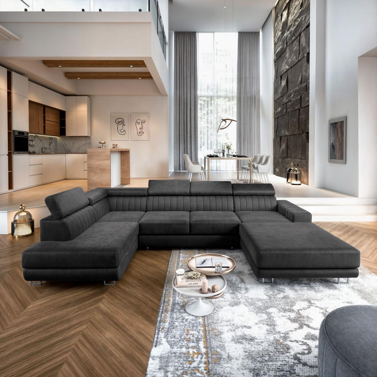 WOHNLANDSCHAFT SIENA R-S Schwarz Velours-Stoff mit Schlaffunktion - Silberfarben/Schwarz, Holz/Textil (335/89/202cm) - MASSENO