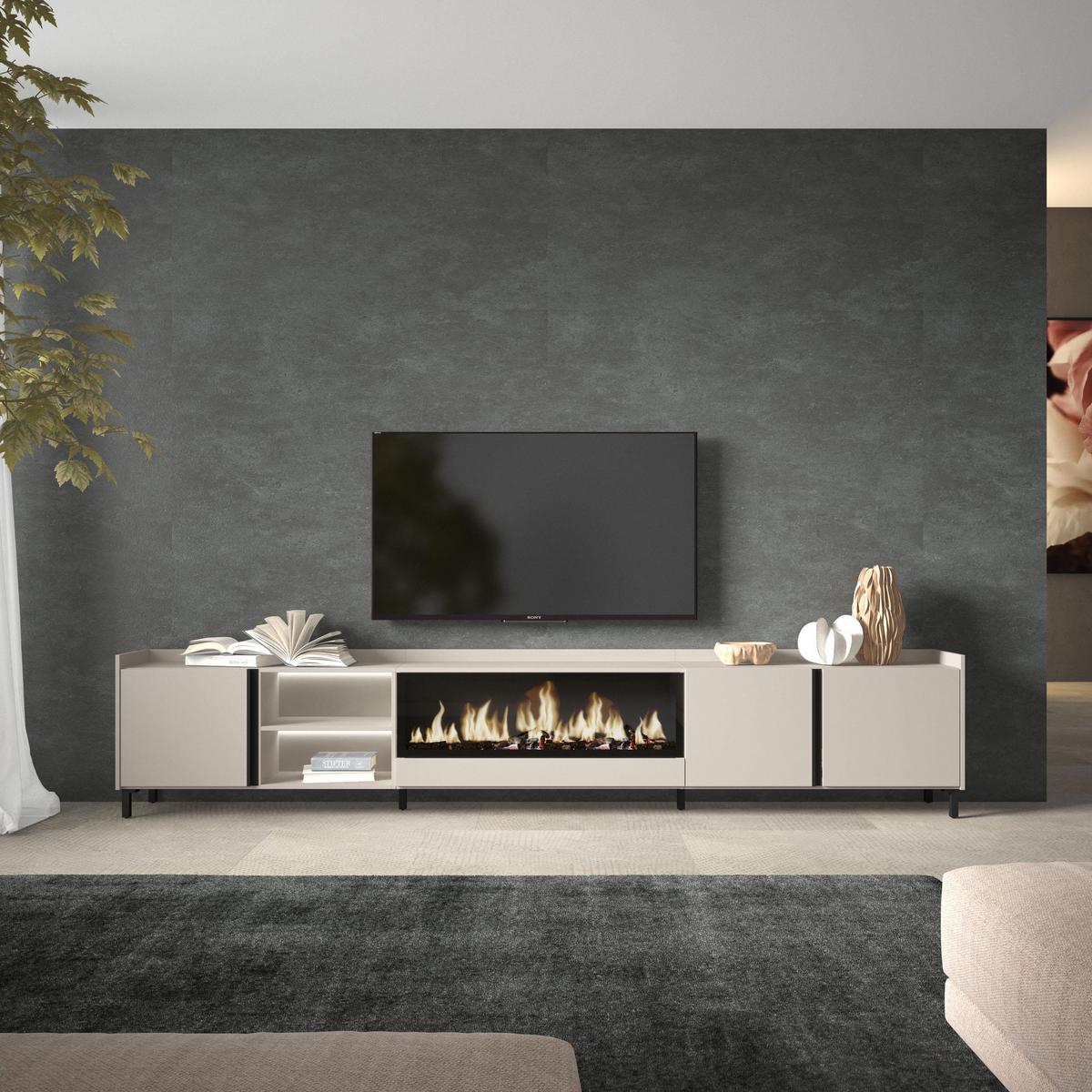 LOWBOARD, Beige, 315/35/61cm, Kamin mit Feuereffekt XXL - Beige, Holzwerkstoff (315/61/35cm) - Skraut Home