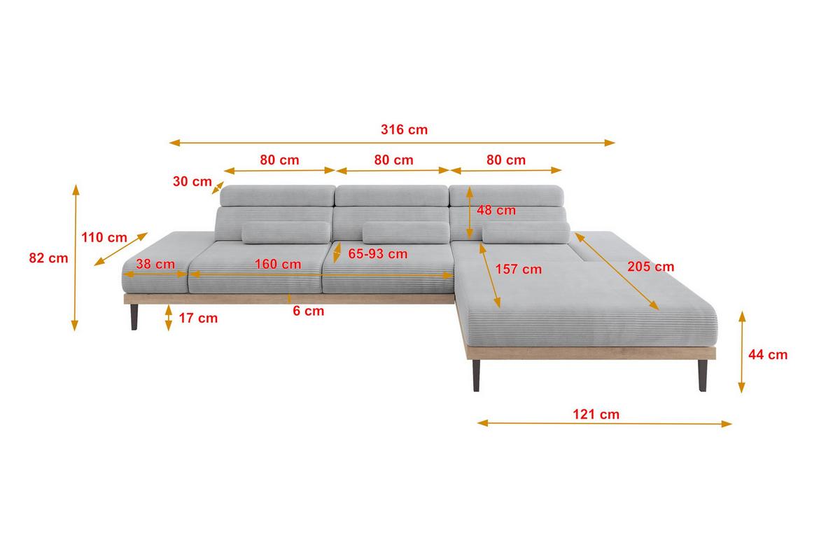 ELEKTRISCHES ECKSOFA Rechts MONA 316x205x85 Grau Cord - Schieferfarben/Grau, Holzwerkstoff/Textil (316/205cm) - ALTDECOR
