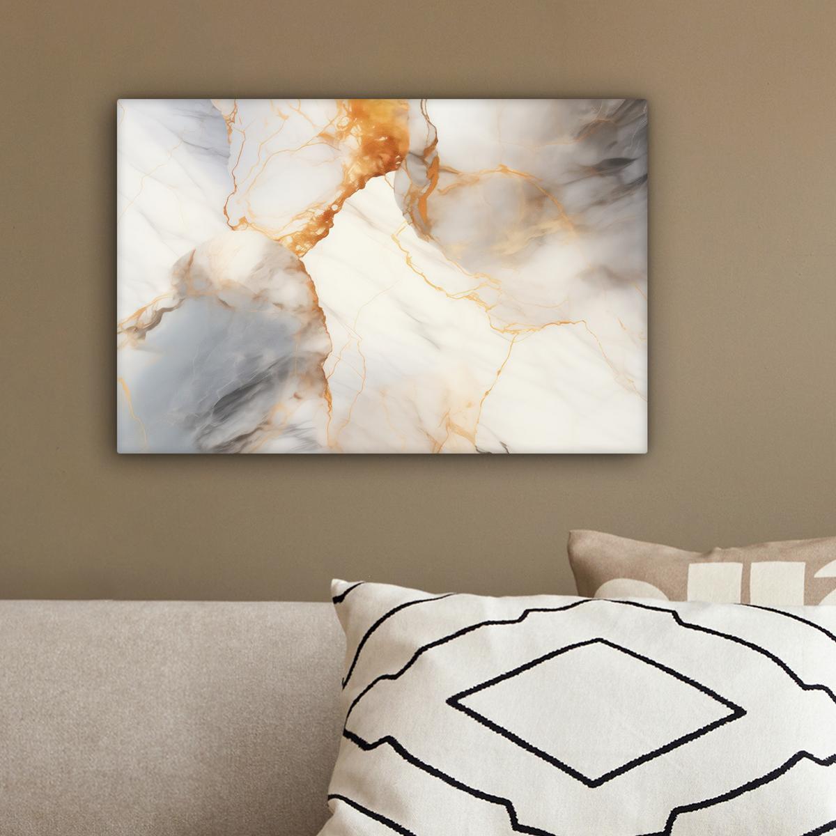 LEINWANDBILD Marmor - Grau - Gold Deko Schlafzimmer 30x20 cm - Weiß, Textil (30/20cm) - MuchoWow