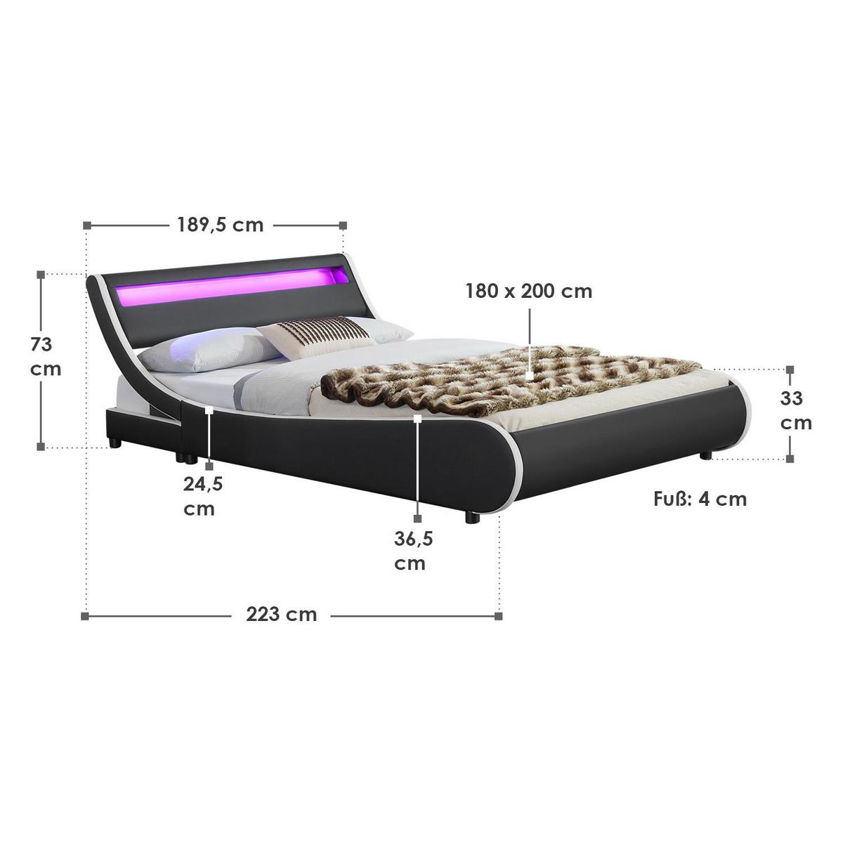 POLSTERBETT Valencia schwarz 180x200 cm mit LED - Schwarz, Textil (180/200cm) - Juskys