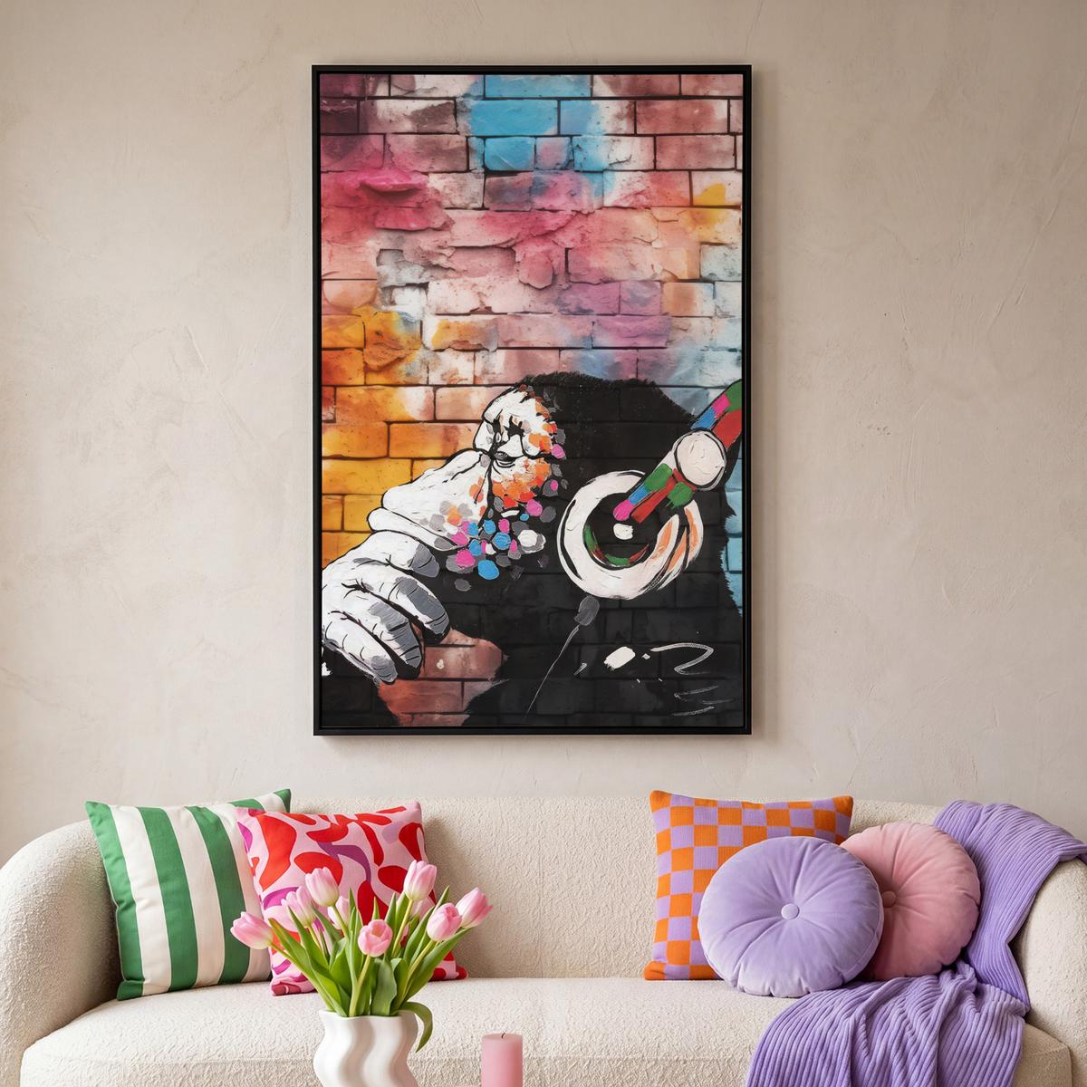 LEINWAND Bilder mit Rahmen - Affe - Graffiti - Musik - 90x140 - Multicolor, Textil (90/140cm) - MuchoWow