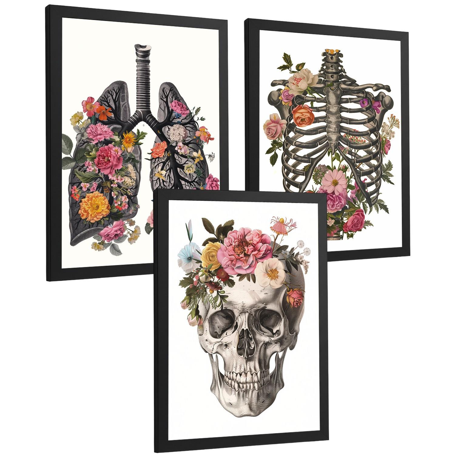 POSTER Set aus 3 Anatomie Mensch Drucke und mit Lungen Luftröhre Bronchien Rippen Wirbelsäule und Schädel Modernes Florales Größe Schwarzer Rahmen A3 - Schwarz, Papier (29.7/42/3cm) - Nacnic