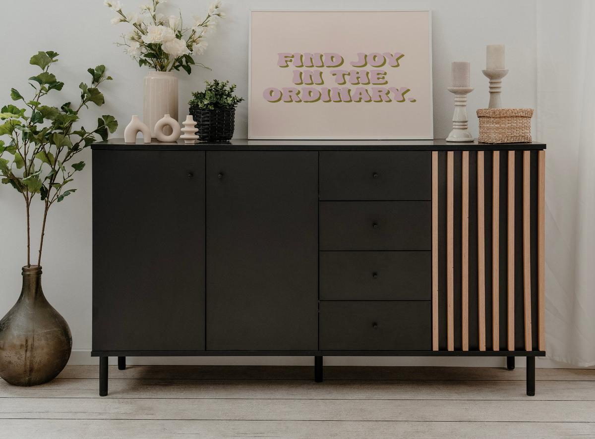SIDEBOARD schwarz, Eiche Artisan 160 cm, Kommode mit viel Stauraum - Schwarz/Eiche Artisan, Holzwerkstoff/Metall (160/90/40cm) - Furn.Design