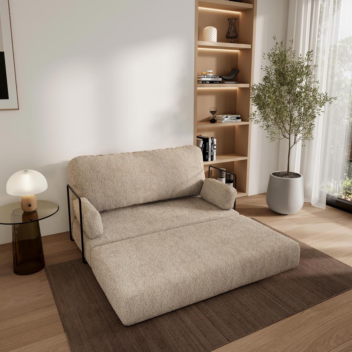 BETTSOFA KESTE aus Schaumstoff Bucle-Stoff Beige Schlaffunktion - Beige, Textil (140/86/60cm) - MASSENO