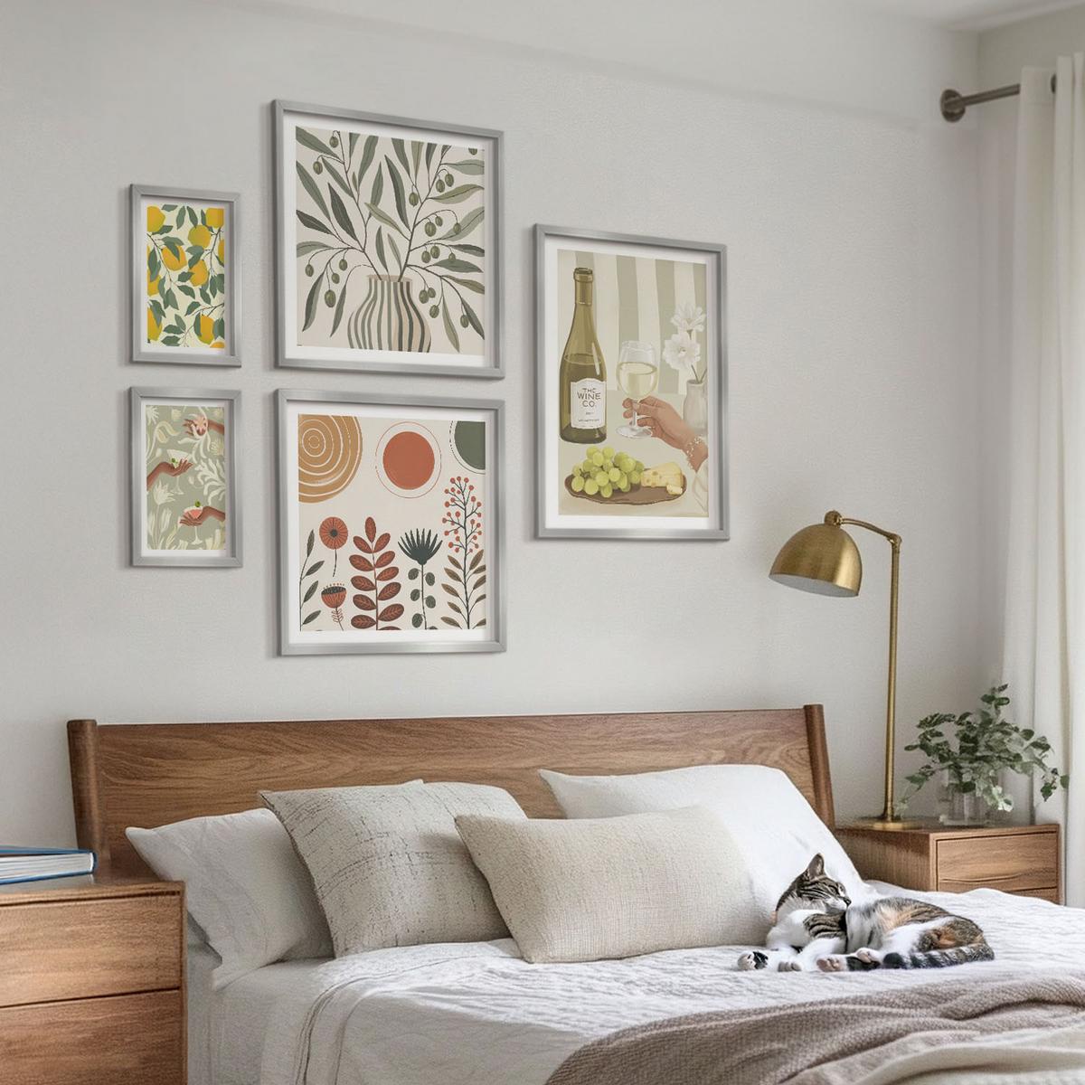 BILDER SET 5er Set - 50x50 cm & 20x30 cm & 40x60 cm Silberner Rahmen - Blumenmuster in Orange und Grün - Silberfarben, Kunststoff (40/60cm) - TULUP
