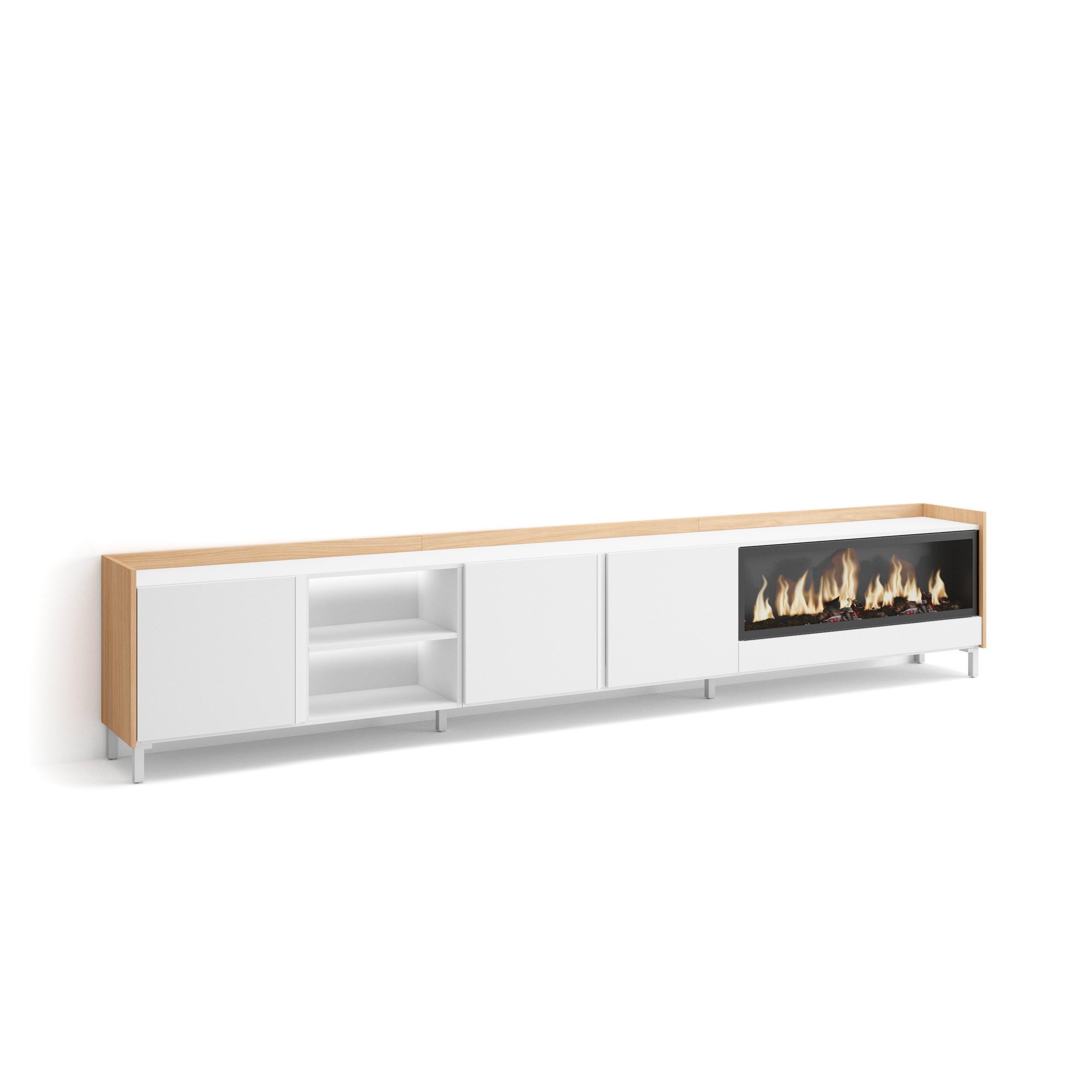 LOWBOARD, Weiß und Eiche, 315/35/61cm, Kamin mit Feuereffekt XXL - Weiß, Holzwerkstoff (315/61/35cm) - Skraut Home